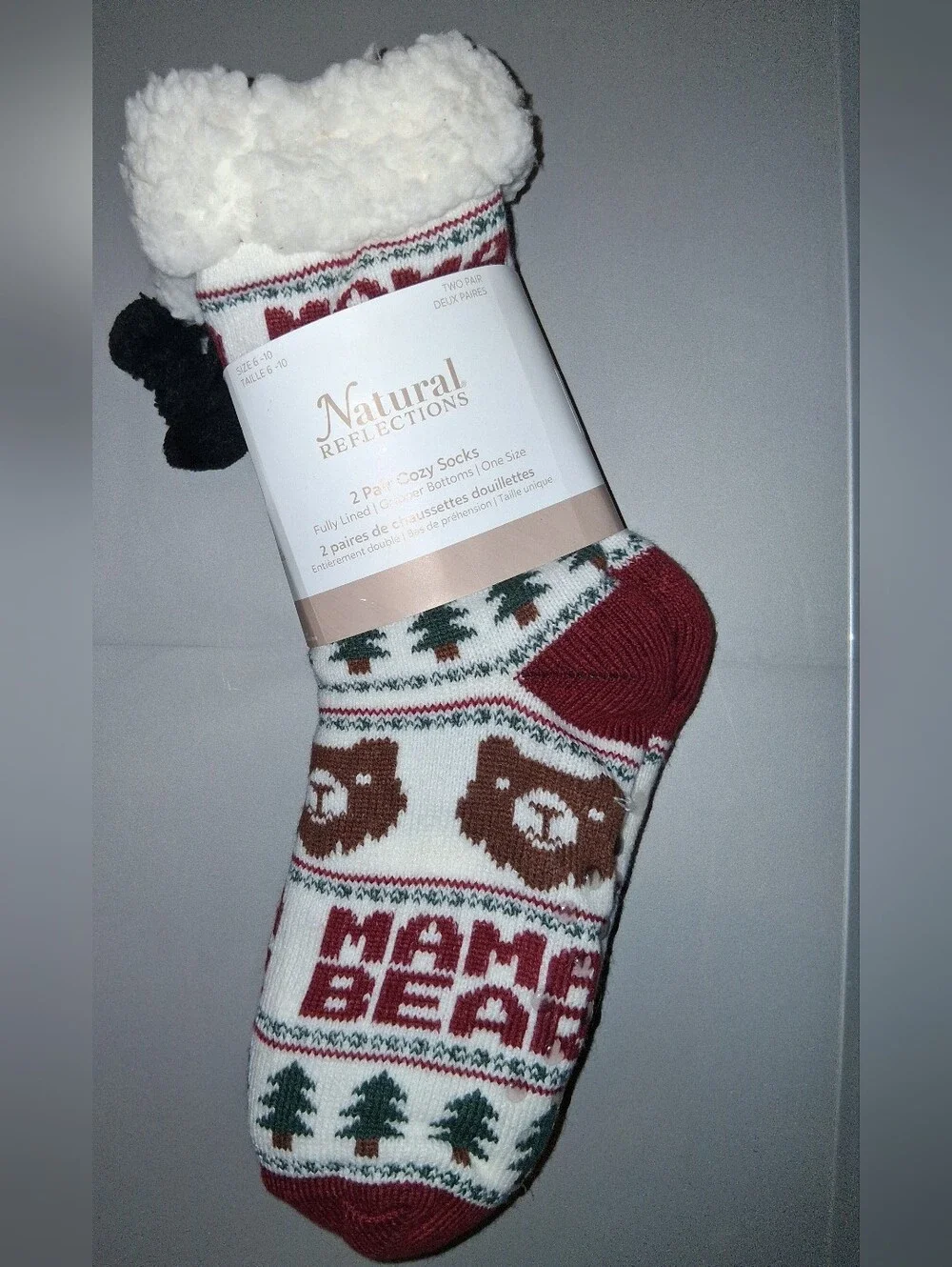 Natural Reflections Mama Bear Cozy Socks 2 Pair Red/White Size 6-10
